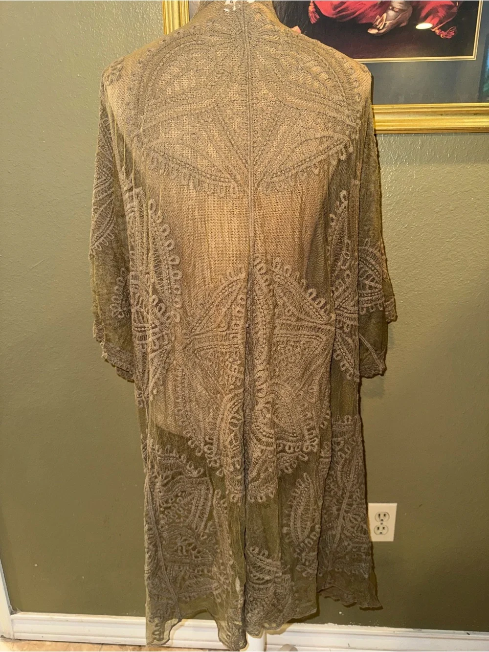 Embroidered Sheer Duster Kimono in Olive Brown